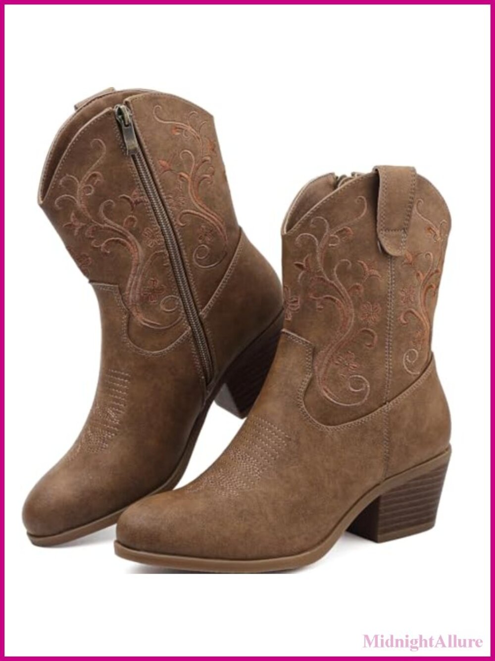 Women's Short Shaft Embroidered Cowboy Boots Side Zip Cowgirl Block Heel Bootie